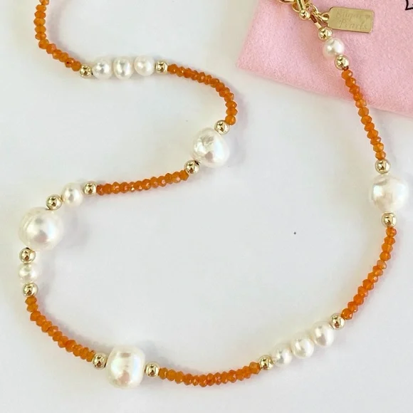 Freshwater Pearl, Carnelian & 14K Gold Necklace - Picture 4 of 7